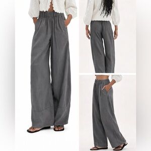 Dark Gray Linen Blend Wide Leg Pants. High Waisted Elastic Waist Trousers.